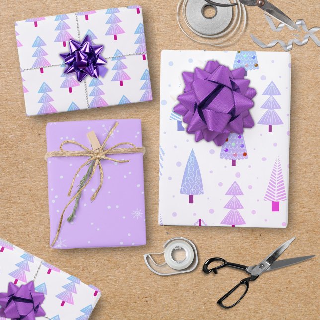 Modern Christmas Trees Purple Pink Pattern Wrapping Paper Sheets (Creator Uploaded)
