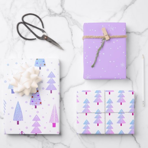 Modern Christmas Trees Purple Pink Pattern Wrapping Paper Sheets