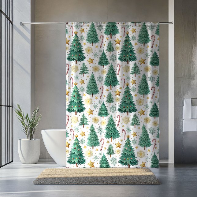 Modern Christmas Trees Red Green Gold Bath Decor Shower Curtain (Modern Christmas Trees Red Green Gold Bath Decor Shower Curtain)