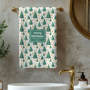 Modern Christmas trees red green gold bath towel