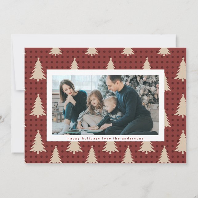 Modern Christmas Trees Red Maroon Photo Frame Holiday Card (Front)