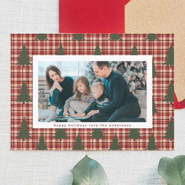 Modern Christmas Trees Red Maroon Photo Plaid Holiday Card (Creator Uploaded)