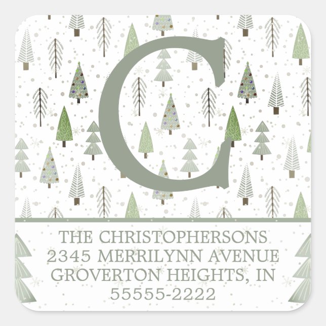 Modern Christmas Trees Sage Green Return Address Square Sticker (Front)
