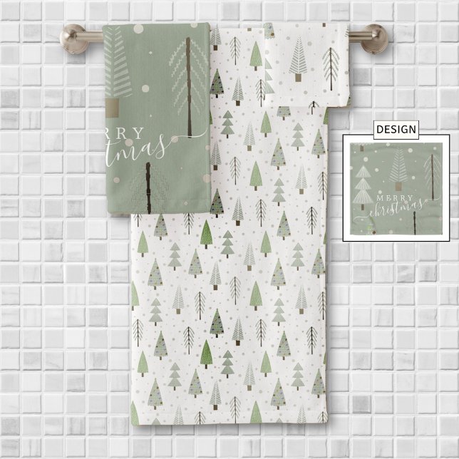 Modern Christmas Trees Sage Olive Green Pattern Bath Towel Set (Creator Uploaded)
