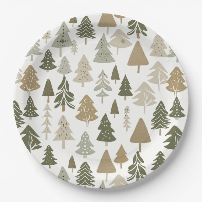 Modern Christmas Trees Sage Olive Green Pattern  Paper Plates (Front)