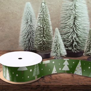 Modern Christmas Trees Sage Olive Green Pattern Satin Ribbon