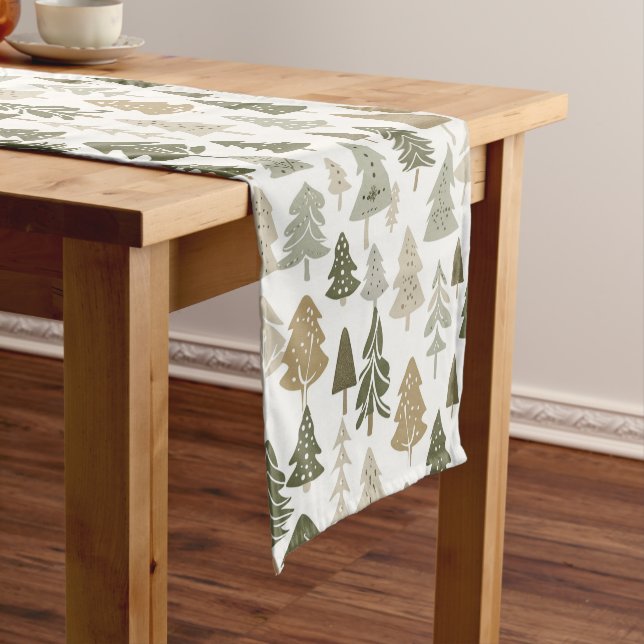 Modern Christmas Trees Sage Olive Green Pattern  Short Table Runner (In Situ)