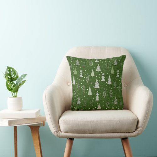 Modern Christmas Trees Sage Olive Green Pattern Throw Pillow