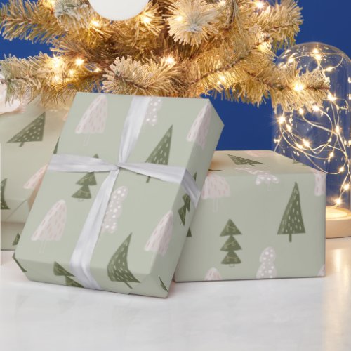 Modern Christmas Trees Sage Olive Green Pattern Wrapping Paper