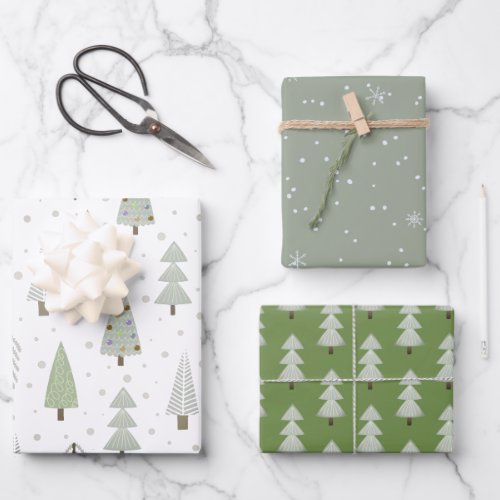 Modern Christmas Trees Sage Olive Green Pattern Wrapping Paper Sheets