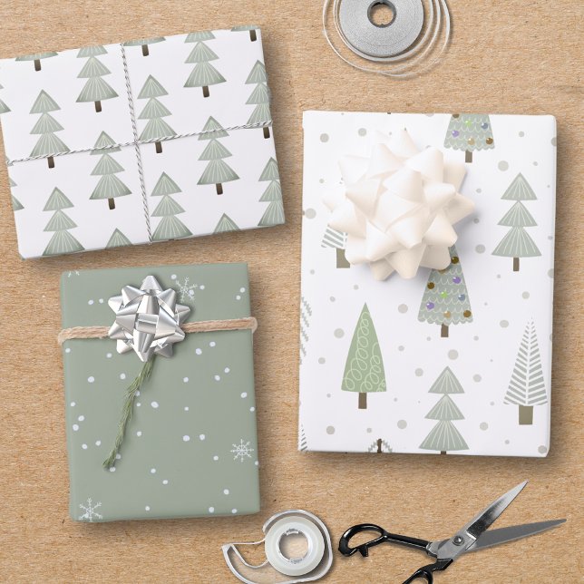 Modern Christmas Trees Sage Olive Green Pattern Wrapping Paper Sheets (Creator Uploaded)