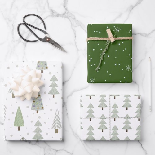 Modern Christmas Trees Sage Olive Green Pattern Wrapping Paper Sheets