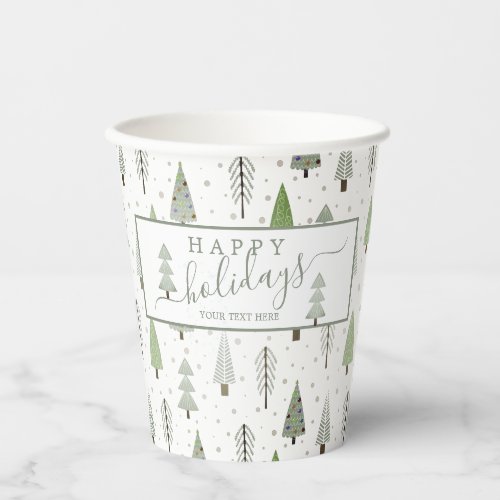 Modern Christmas Trees Script HAPPY HOLIDAYS Green Paper Cups