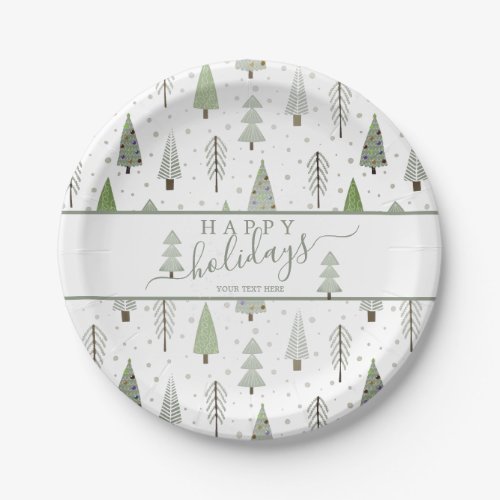 Modern Christmas Trees Script HAPPY HOLIDAYS Green Paper Plates