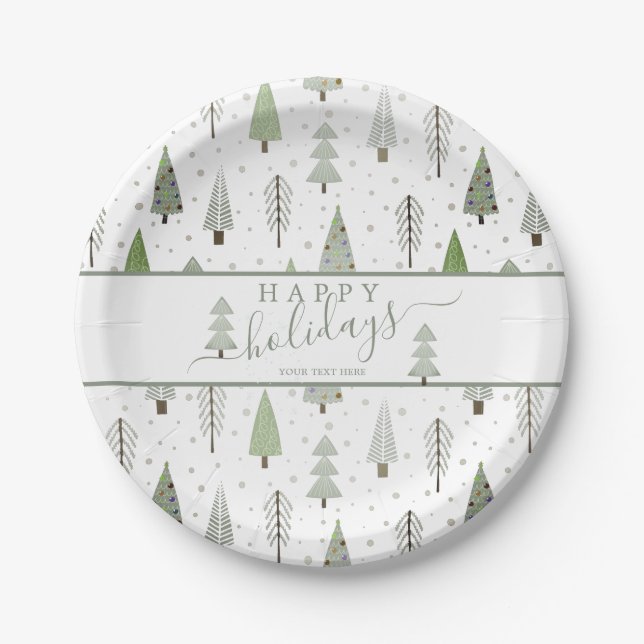Modern Christmas Trees Script HAPPY HOLIDAYS Green Paper Plates (Front)