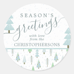 Modern Christmas Trees SEASONS GREETINGS Blue Classic Round Sticker