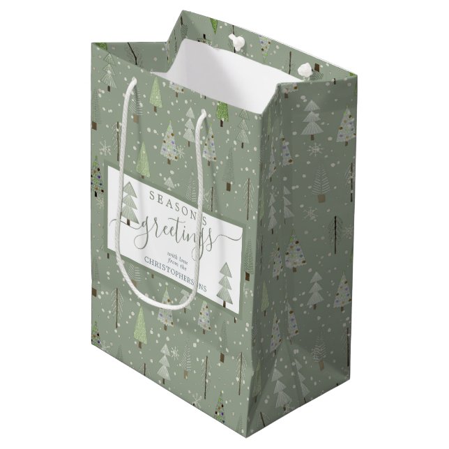 Modern Christmas Trees SEASONS GREETINGS Script Me Medium Gift Bag (Front Angled)