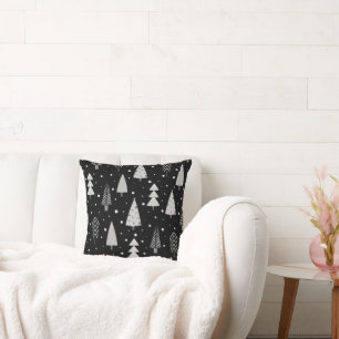 Modern Christmas Trees Silver Gray Black Pattern Throw Pillow