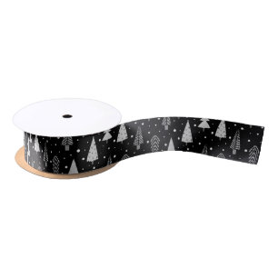 Modern Christmas Trees Silver Gray Black Satin Ribbon