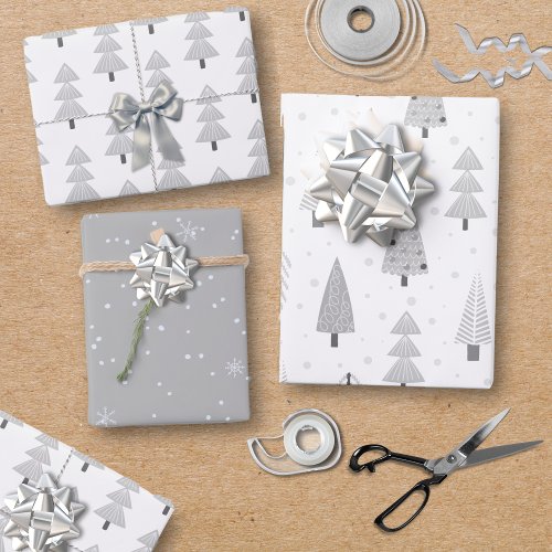 Modern Christmas Trees Silver Gray Pattern Trio Wrapping Paper Sheets