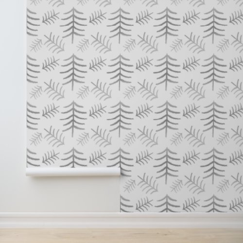 Modern Christmas Trees Silver On White  Wallpaper