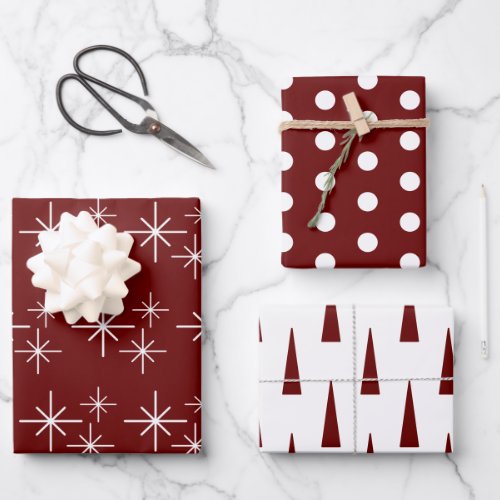 Modern Christmas Trees Simple Snowflakes Red  Wrapping Paper Sheets