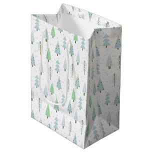 Modern Christmas Trees Snowflake Blue White Medium Gift Bag