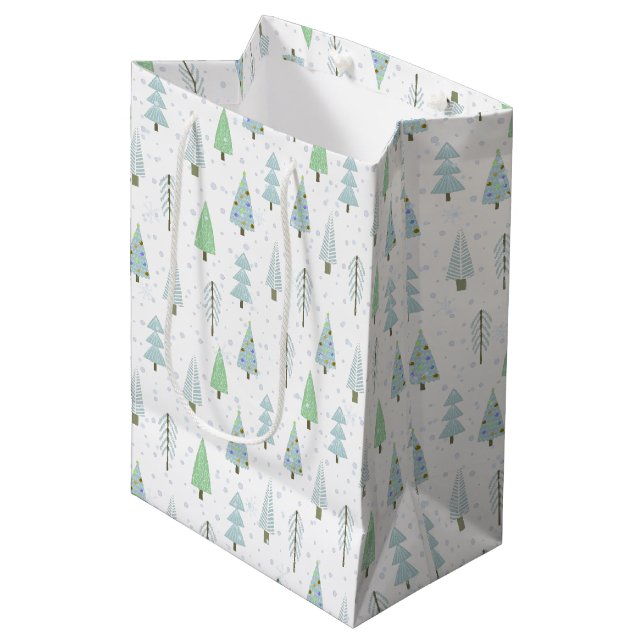 Modern Christmas Trees Snowflake Blue White Medium Gift Bag (Front Angled)