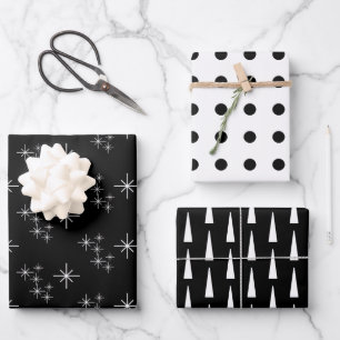 Modern Christmas Trees Snowflakes Black White Wrapping Paper Sheets