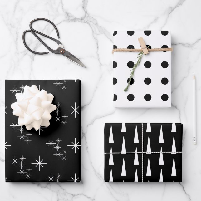 Modern Christmas Trees Snowflakes Black White  Wrapping Paper Sheets (Front)