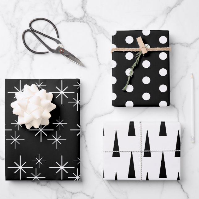 Modern Christmas Trees Snowflakes Black White    Wrapping Paper Sheets (Front)