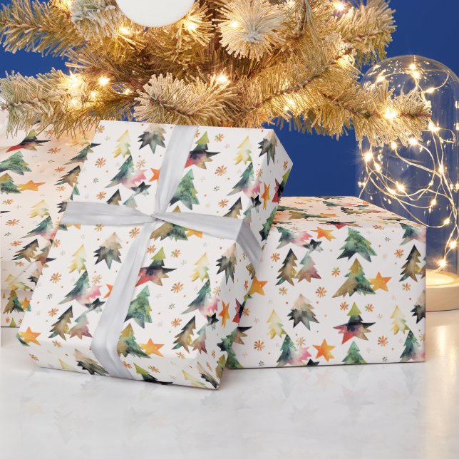 Modern Christmas Trees Watercolor Wrapping Paper (Holidays)