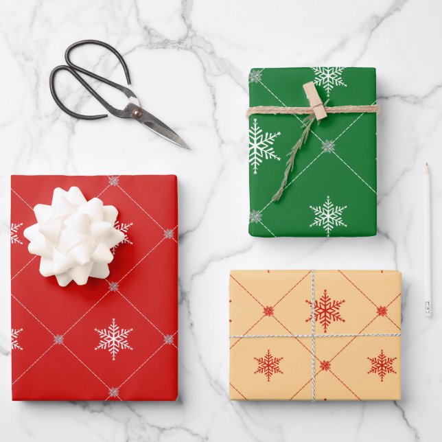 Modern Christmas | Triangles & Snowflakes Pattern Wrapping Paper Sheets (Front)