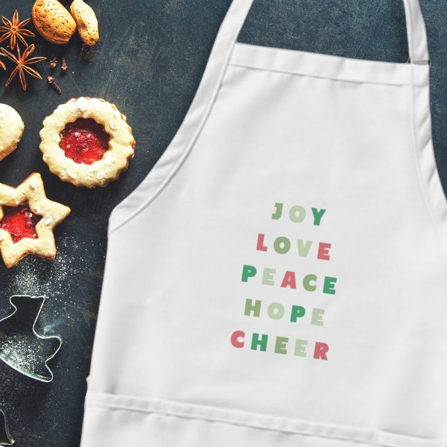 Modern Christmas Typography Joy Love Peace Hope Adult Apron (modern, bold, Christmas sayings baking apron in red and green)