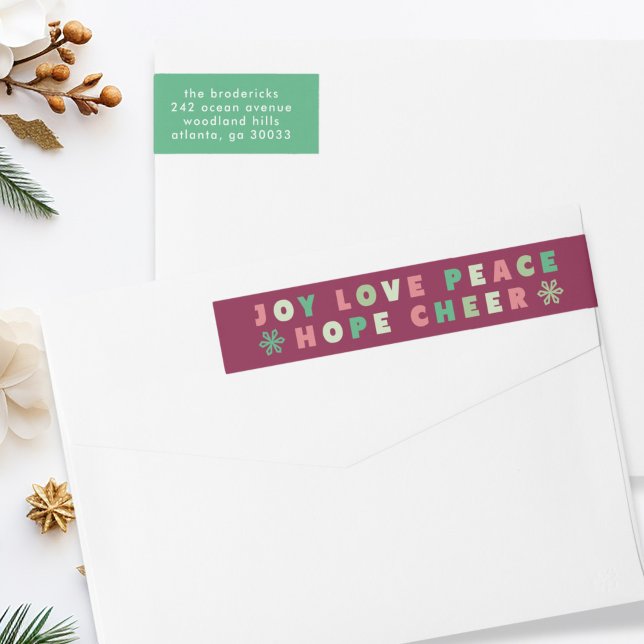Modern Christmas Typography Joy Love Peace Hope Wrap Around Label (modern, bold Christmas typography return address label with the words, "joy love peace hope cheer")