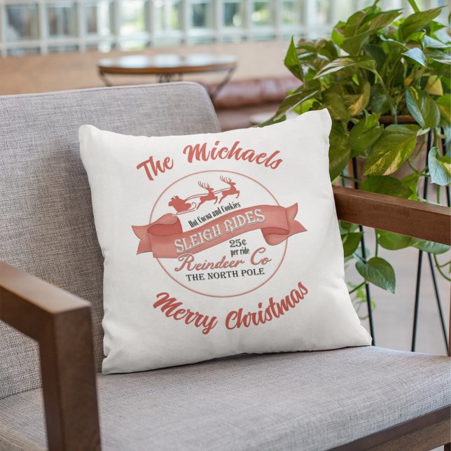 Modern Christmas Typography Personalized Throw Pillow (Merry Christmas holiday decor with a classic modern Santa Claus sign. )