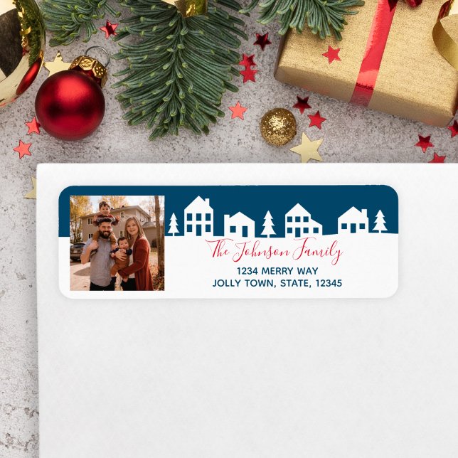 Modern Christmas Village Return Address Label (Photo Address Label with Christmas Village)