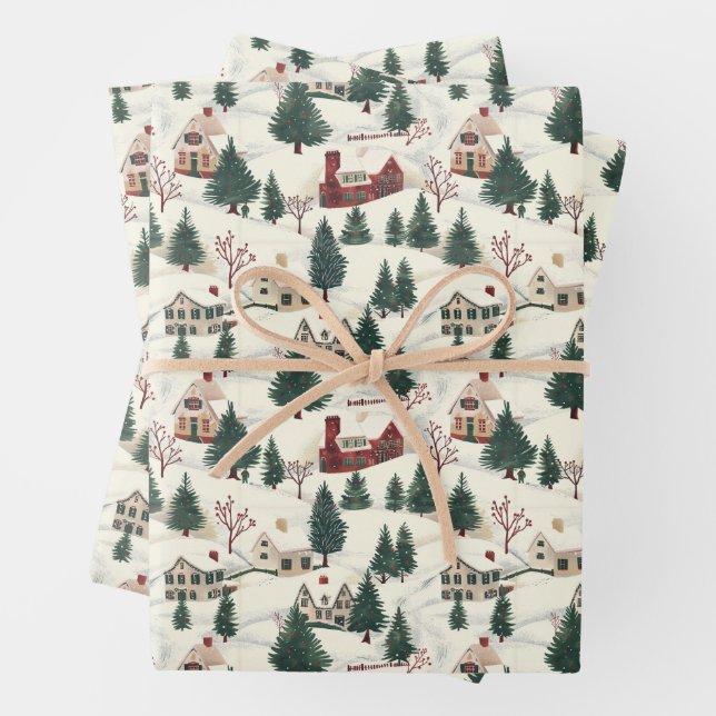 Modern Christmas Village Wrapping Paper (In situ)