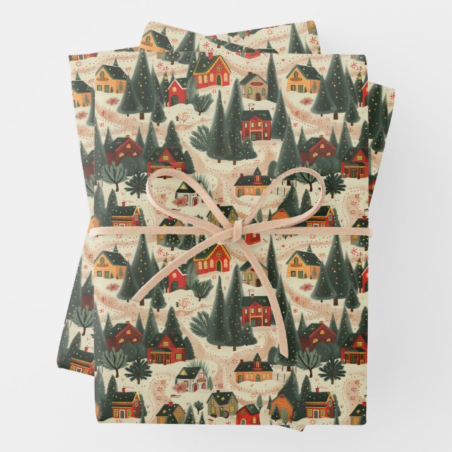 Modern Christmas Village Wrapping Paper (In situ)