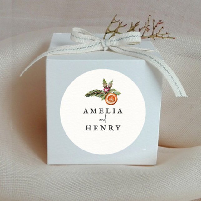Modern Christmas Wedding Favor Classic Round Sticker (Creator Uploaded)