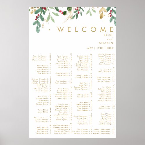 Modern Christmas  White Alphabetical Seating Poster