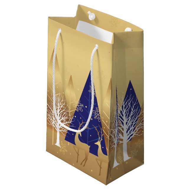 Modern Christmas Winter Deer Scene Gold Blue Small Gift Bag (Front Angled)