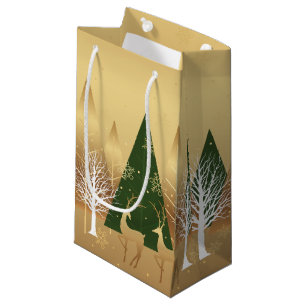 Modern Christmas Winter Deer Scene Gold Green Small Gift Bag