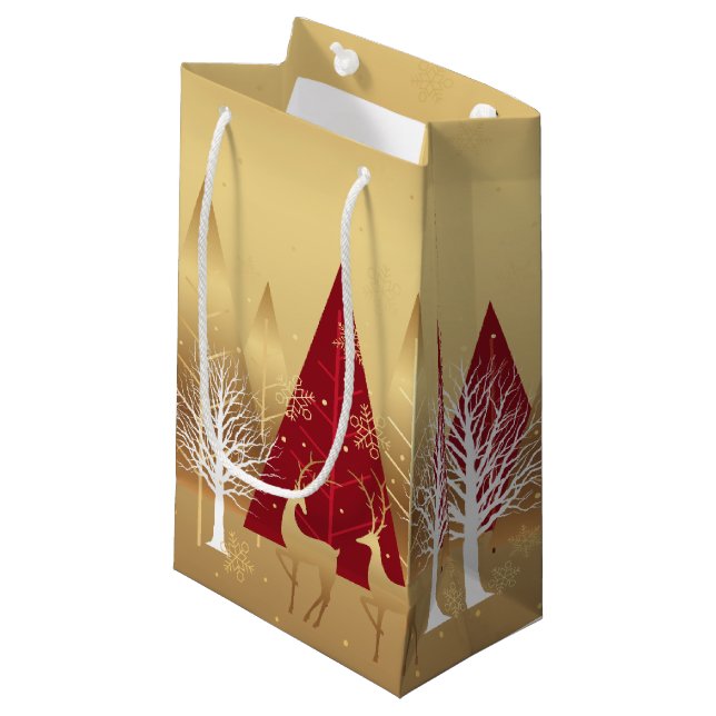 Modern Christmas Winter Deer Scene Gold Red Small Gift Bag (Front Angled)