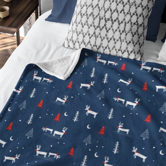 Modern Christmas Winter Woodland Navy Blue Fleece Blanket (Creator Uploaded)