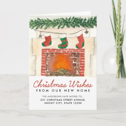 Modern Christmas Wishes Fireplace Holiday Moving Card