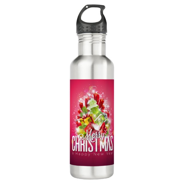 Modern Christmas Wrapped Presents & Tree - Festive Stainless Steel Water Bottle (Front)