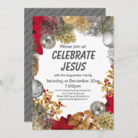 Modern Christmas Wreath CELEBRATE JESUS Party Invitation