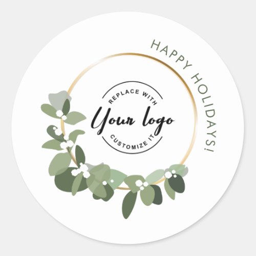 Modern Christmas Wreath Custom logo Happy Holidays Classic Round Sticker