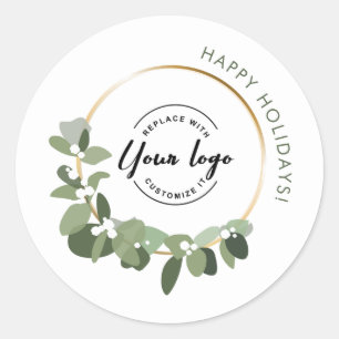 Modern Christmas Wreath Custom logo Happy Holidays Classic Round Sticker